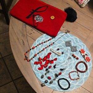 Red Clutch with Embellished Initial "K" W/ Matching Jewelry Set- All Included!